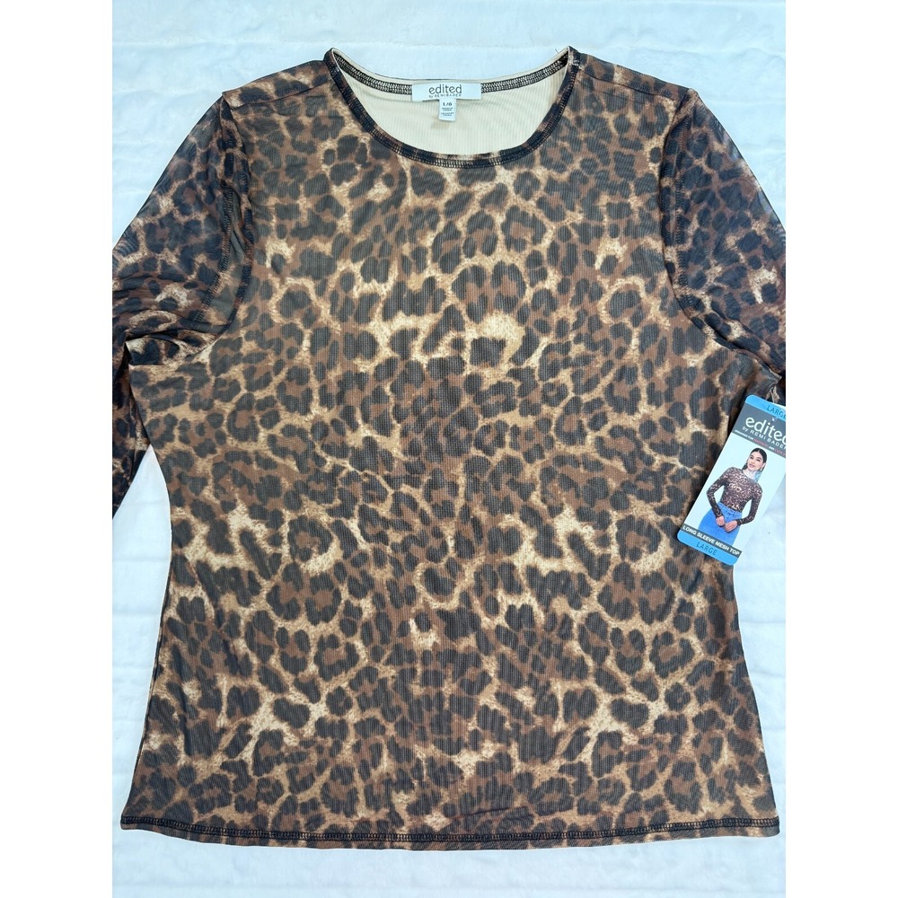Edited Shirt Womens Large Cheetah Print Blouse Long Sleeve Mesh Round Neck New‎